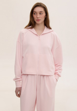 Pink shortened three-thread hoodie with a zipper